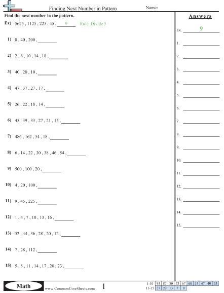 Pattern Missing Number Worksheet - Finding Next Number in Pattern  worksheet